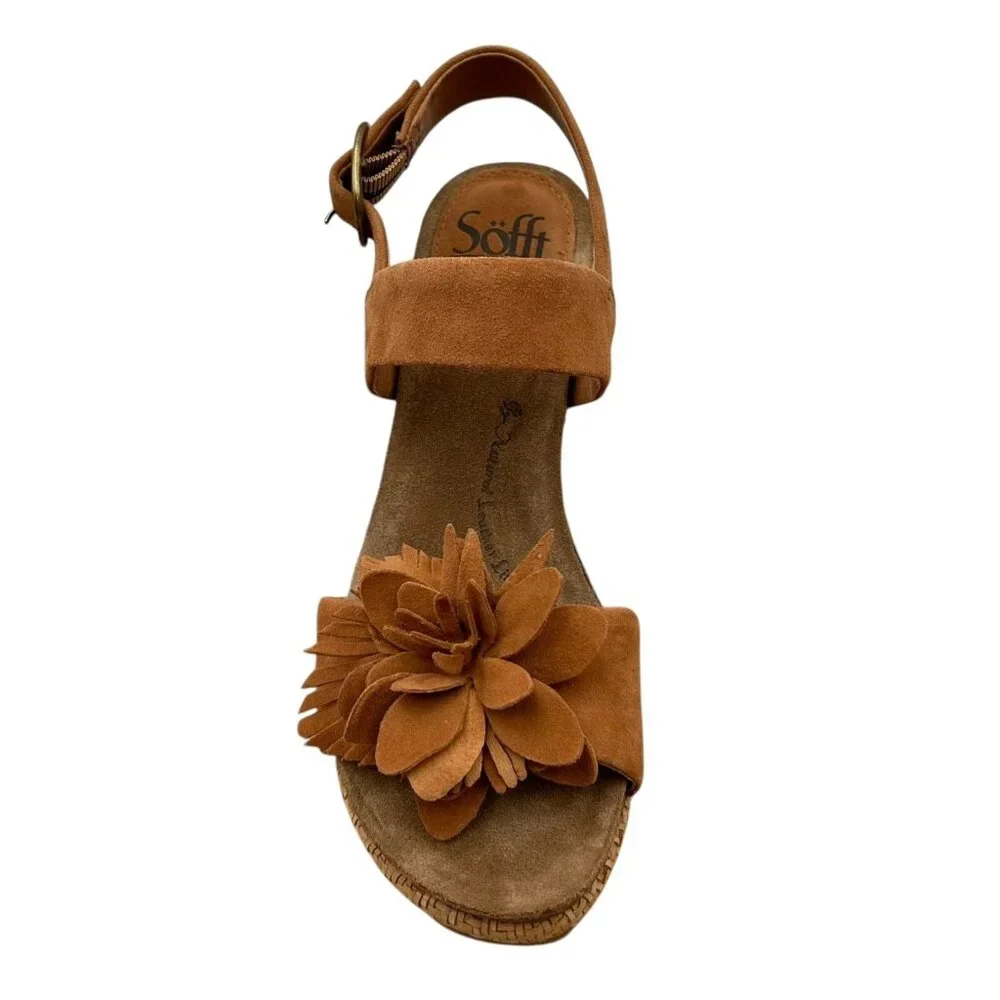 Sofft Cali‎ Women's Wedge Suede Sandals Size 8 Brown Open Toe Flower Blossom